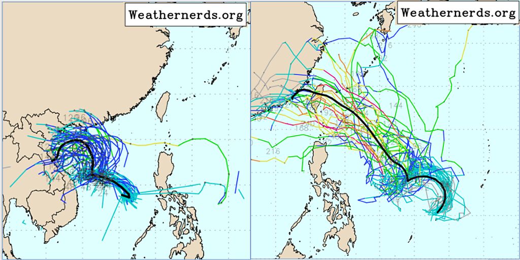 最新歐洲模式50次模擬路徑(左圖)顯示，南海擾動與台灣皆有段不小距離，沒有直接威脅。美國模式模擬，菲律賓東方擾動的路徑(右圖)更具威脅性，路徑包括穿過巴士海峽或通過台灣皆有機率。(圖擷自Weathernerds)

