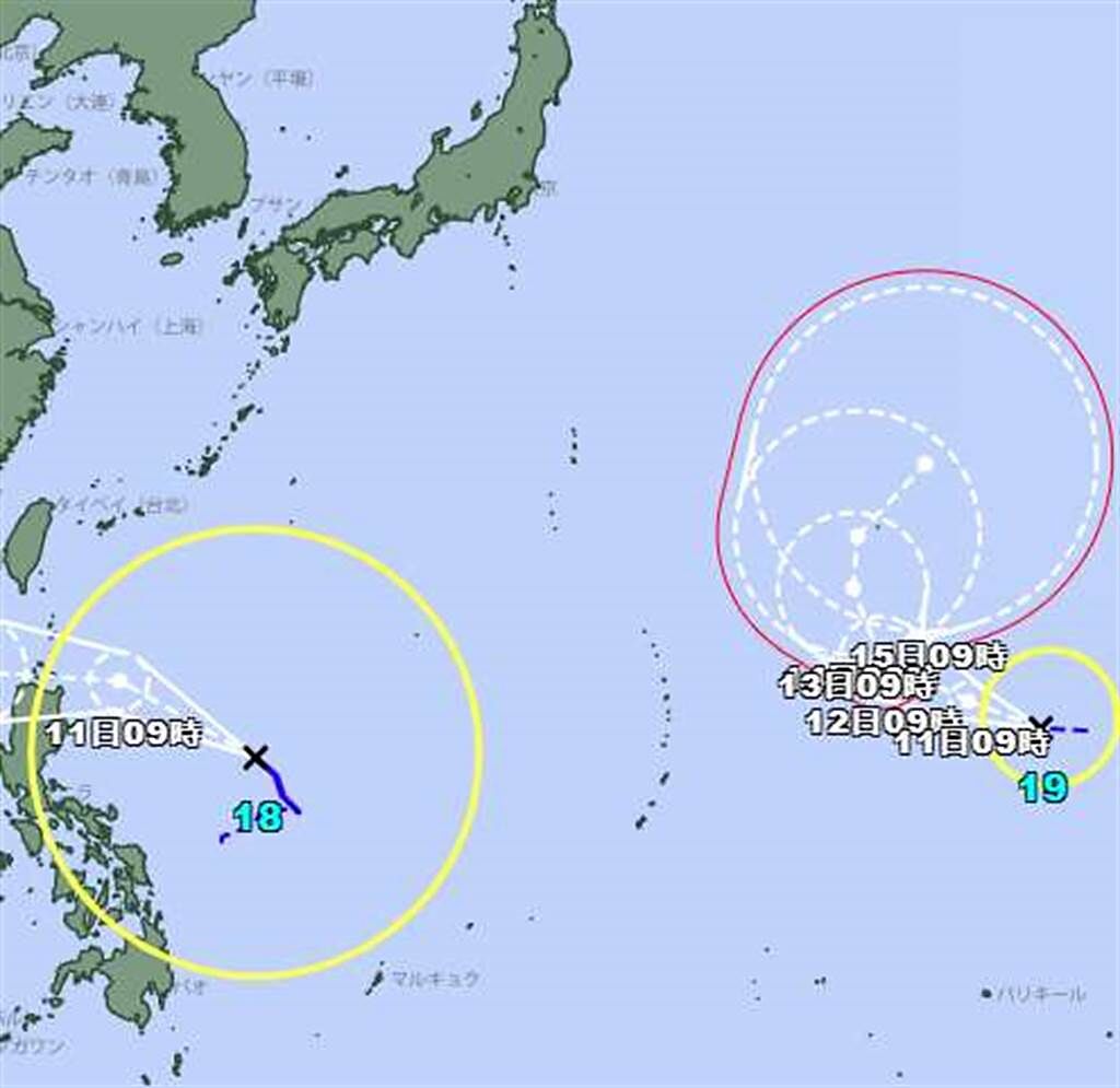 圖為第19號颱風「南修」的路徑，無侵台機率。(翻攝自日本氣象廳)