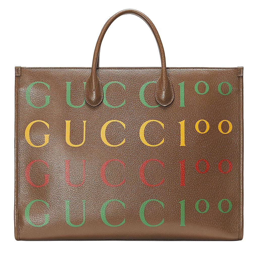 GUCCI百年慶Centennial棕色LOGO肩背手提包，8萬3700元。（GUCCI提供）