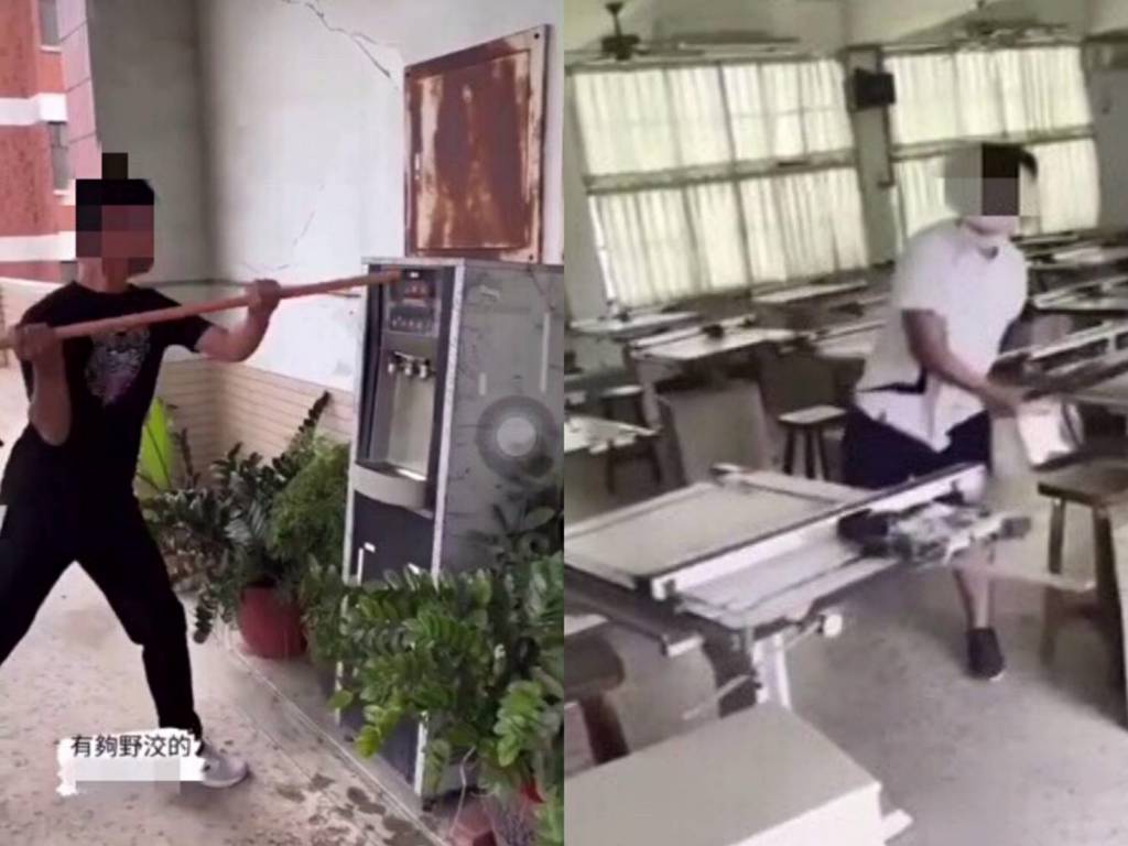 嘉義某高工5名男學生亂砸飲水機、製圖桌。(照片/翻攝《綠豆嘉義人》粉絲團)