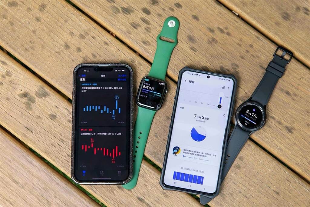 兩款均有導入睡眠偵測功能，Apple Watch在夜間啟動「睡眠模式」時會進行測量血氧，以及追蹤睡眠時間、心率、睡眠呼吸頻率等指標；Galaxy Watch就內建了睡眠分數、睡眠血氧、打鼾偵測等更完整的功能。（石智中攝）