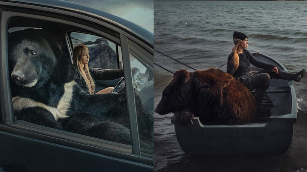 俄羅斯女與棕熊一起兜風、釣魚（圖/取自@dichkaaaaa）