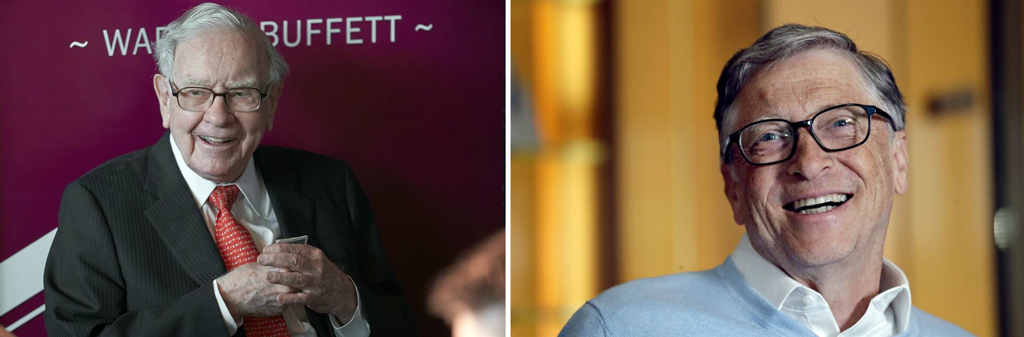 兩位人們印象中的超級富豪股神巴菲特（左）與微軟創辦人比爾蓋茲（右），兩人的資產加總也比不上馬斯克一人，可見其身價多麼驚人。（圖片／美聯社）