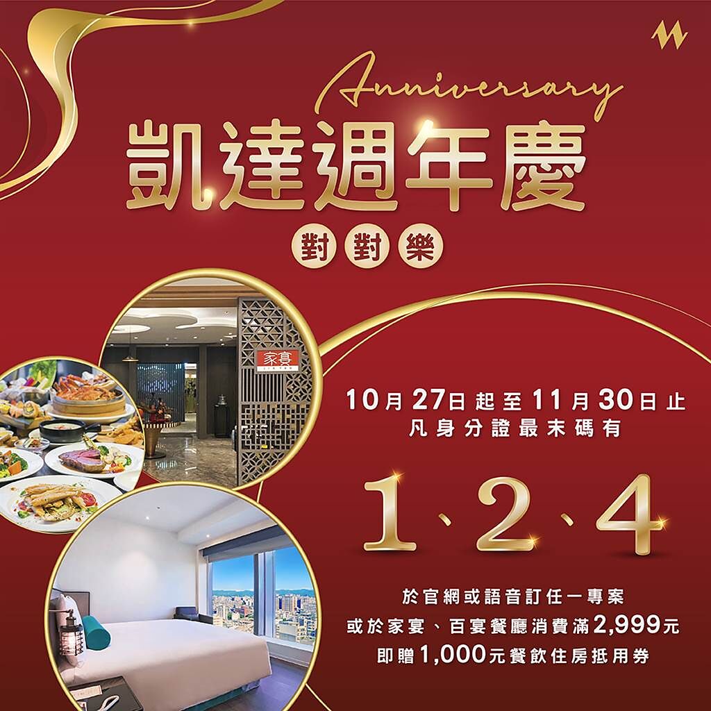 歡慶4周年，台北凱達大飯店近日推出「凱達週年慶對對樂」活動，身分證最末碼有「1、2、4 」即享優惠。(摘自凱達大飯店官網)