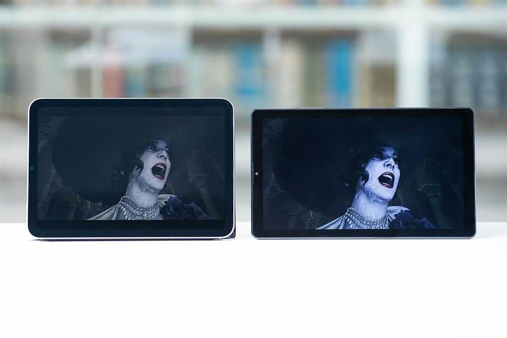 iPad mini（左）擁有Liquid Retina螢幕，影片細節都相當細緻之餘，色彩也相當濃厚、光暗也分明；Galaxy Tab A7 Lite則因長窄的設計，觀看去來更有電影感。（石智中攝）