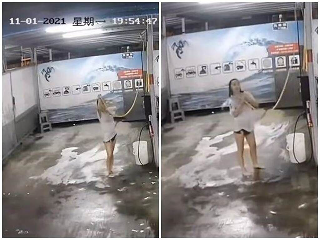 女子在洗車場拿噴水頭朝全身淋洗。（圖／翻攝爆廢公社二館）