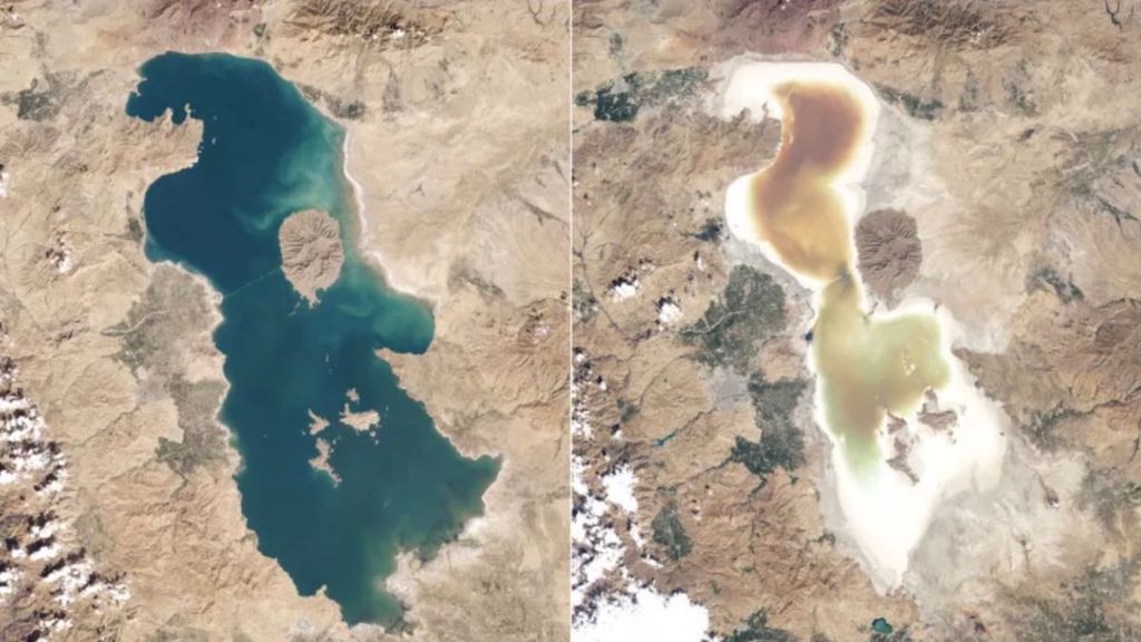 藉由衛星空拍畫面，可看出氣候變遷造成的地貌改變有多驚人。圖為烏爾米耶湖在近幾十年間的變化。（圖／翻攝自USGS）