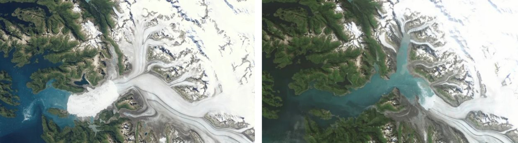受到氣溫上升影響，全球冰川都在迅速融化，圖為1997年（左）的哥倫比亞冰川與2021年（右）對比。（圖／翻攝自USGS）