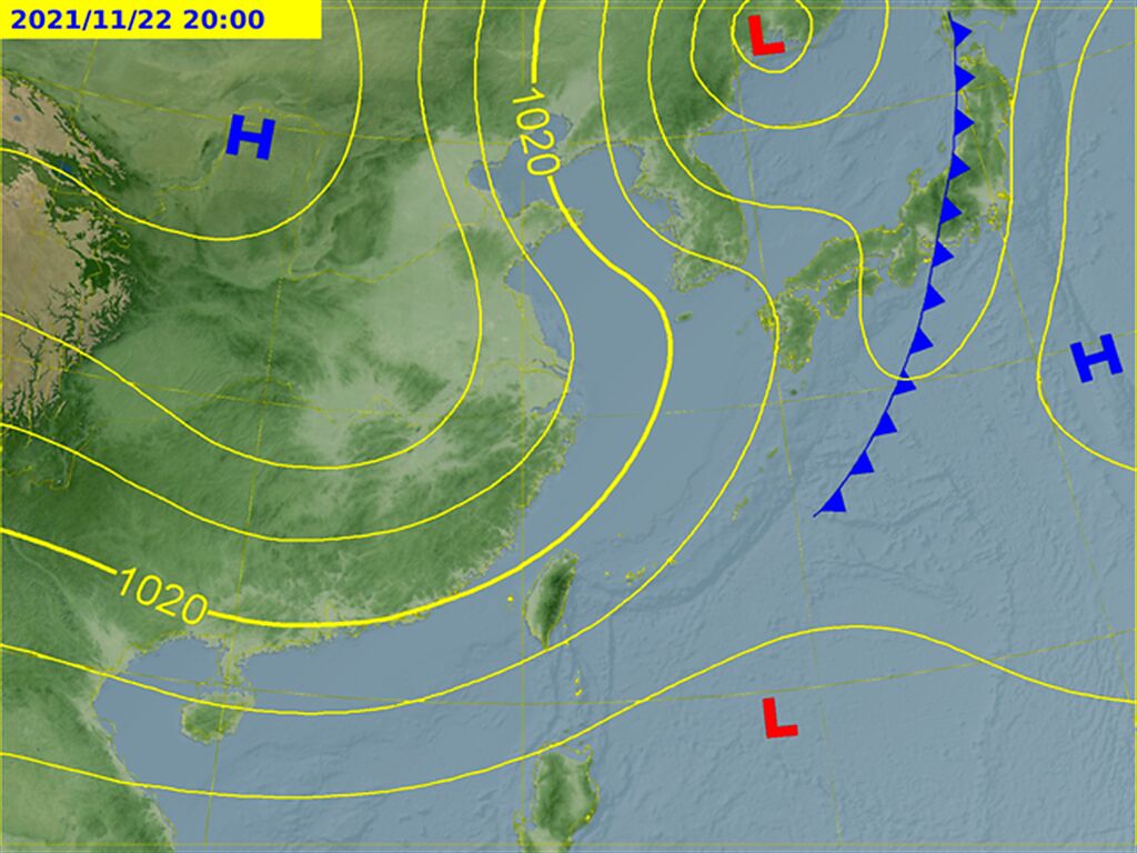 冷高壓下周一（22日）南下，把極區的強冷空氣帶來台灣。(翻攝自 氣象局)