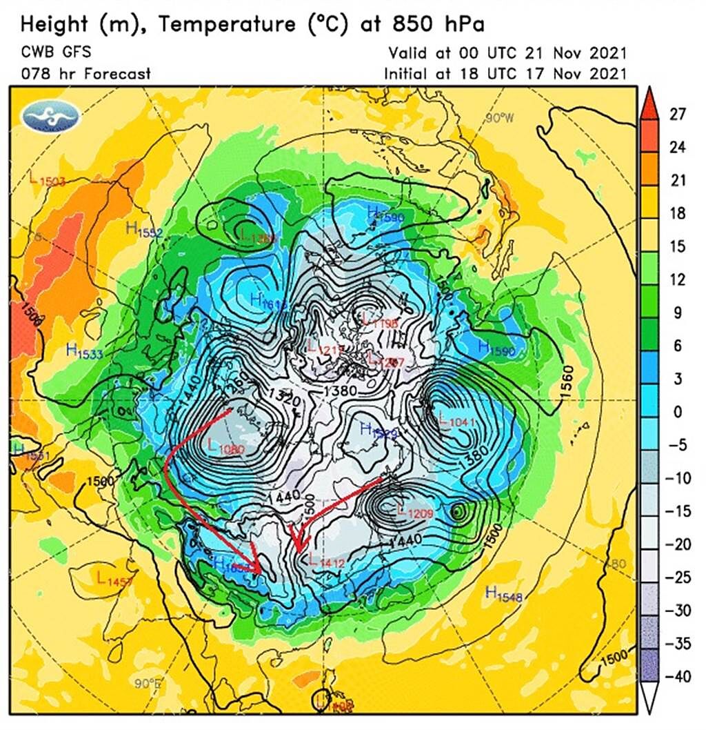 鄭明典指出，下周的冷空氣是從更北的極區來的，受低壓影響把冷空氣往南送到台灣。(翻攝自 鄭明典臉書)
