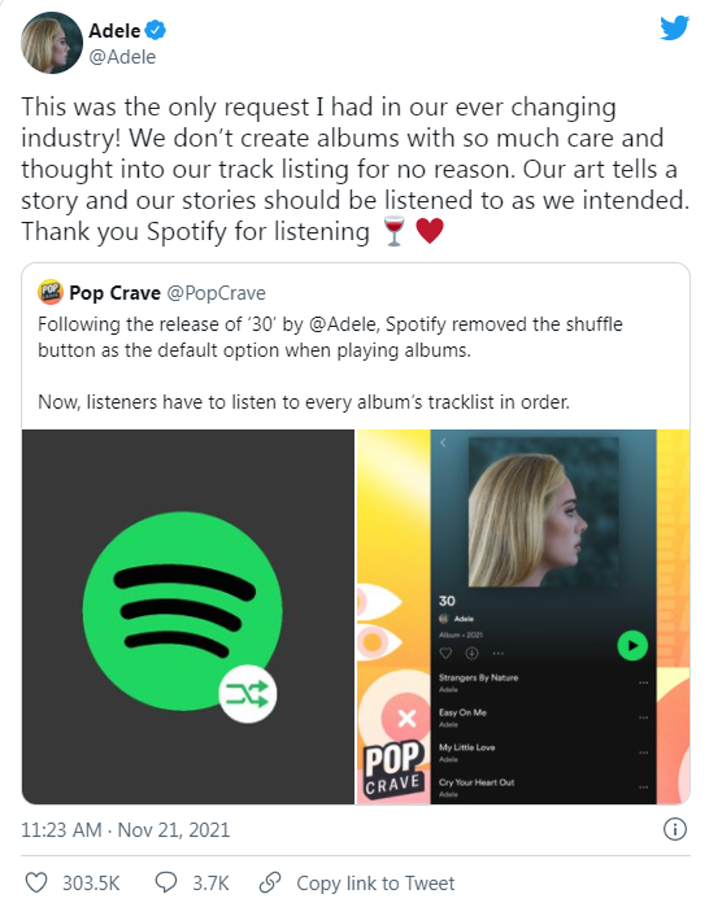 Spotify 受Adele影響改變其播放方式(圖/翻攝自Twitter)
