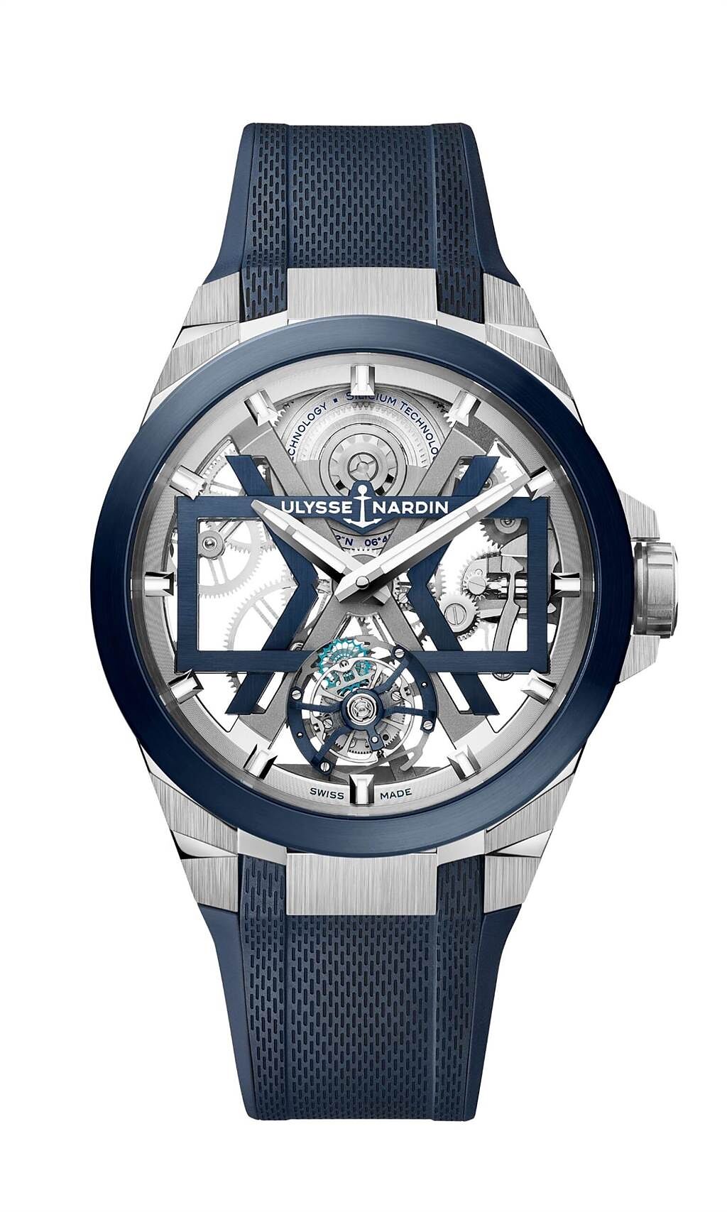 雅典表BLAST藍色鏤空陀飛輪腕表，橡膠表帶款，151萬2000元。（Ulysse Nardin提供）