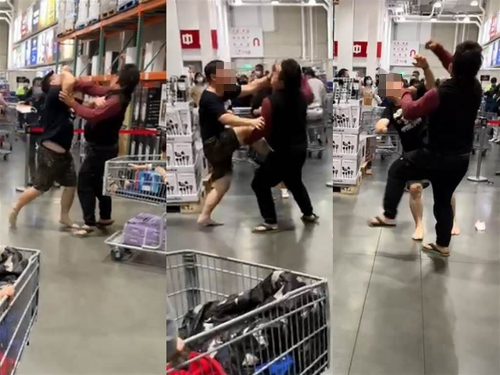 網友PO出一段影片，影片中2名男子在賣場內互相揮拳，其中1男甚至被打到摔倒在地。（圖／翻攝自臉書《爆廢公社公開版》）