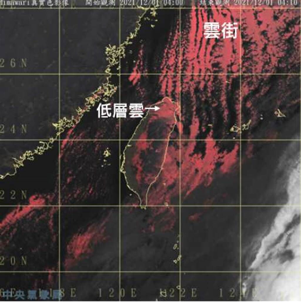 今晨4時真實色雲圖顯示，東海及北部海面已佈滿「雲街」，為冷空氣的軌跡；北台灣迎風面有低層雲覆蓋。(翻攝自「三立準氣象· 老大洩天機」)