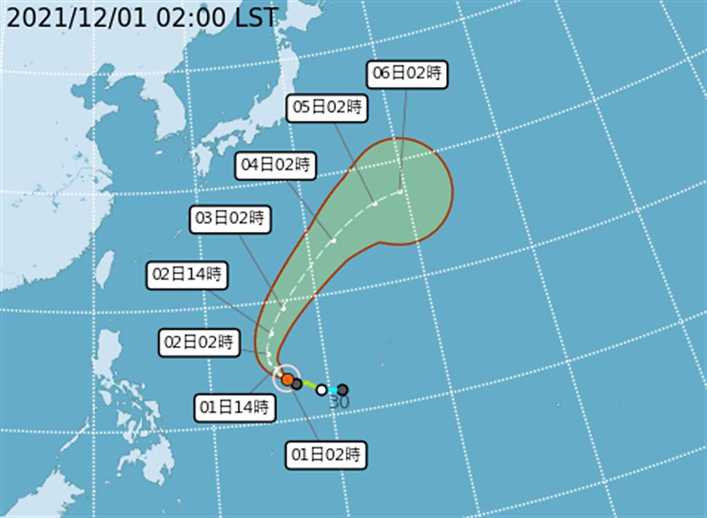 第21號颱風「妮亞圖」在關島西方海面，將在日本南方海面大迴轉，無侵台機率。(翻攝自 氣象局)