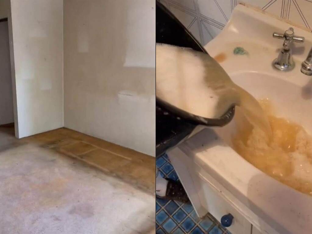 澳洲一對夫妻搬進老菸槍曾住過的公寓裡，近日他們進行大掃除時，發現牆壁洗刷後竟流出黃色汙水。(圖翻攝自/TikTok/homeonocean._)