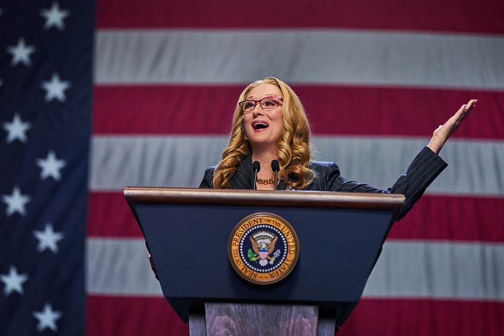 梅莉史翠普在《千萬別抬頭》中懦弱無恥的美國總統。（Netflix提供）