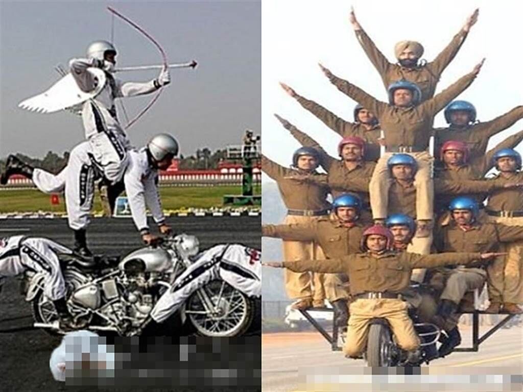 影片內容笑說「不用出國也可以看到印度國慶摩托車表演」，也有網友笑說「是在當SUV在開？」。（翻攝自臉書）