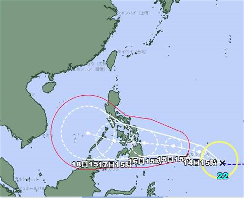 第22號颱風「雷伊」，路徑向西通過菲律賓進入南海。(翻攝自日本氣象廳)