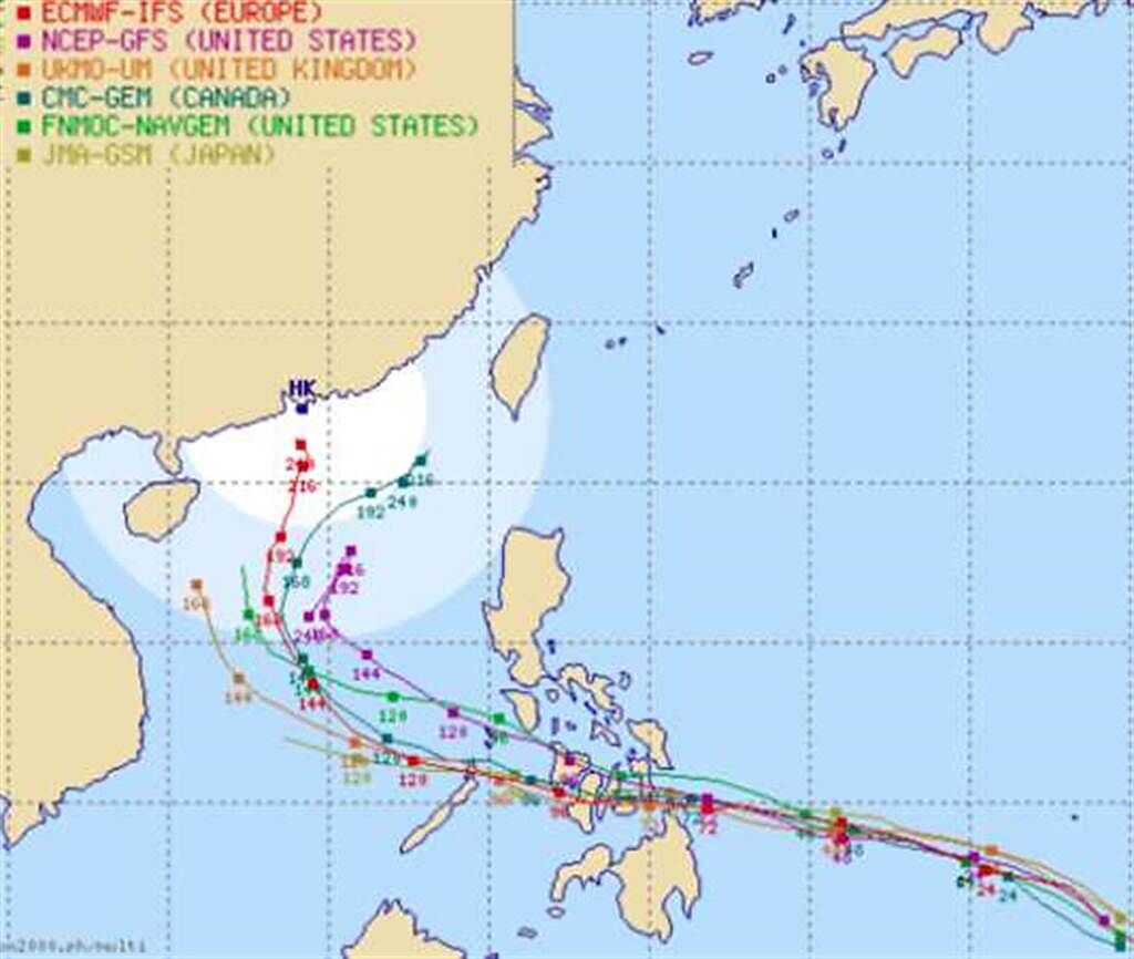 雷伊颱風在6、7天後的模擬路徑有大迴轉朝台灣方向走的可能，影響下周一之後的天氣，為進入旱季的中南部帶來降雨機率，全台降雨機率提高。(翻攝自typhoon.2000.ph)