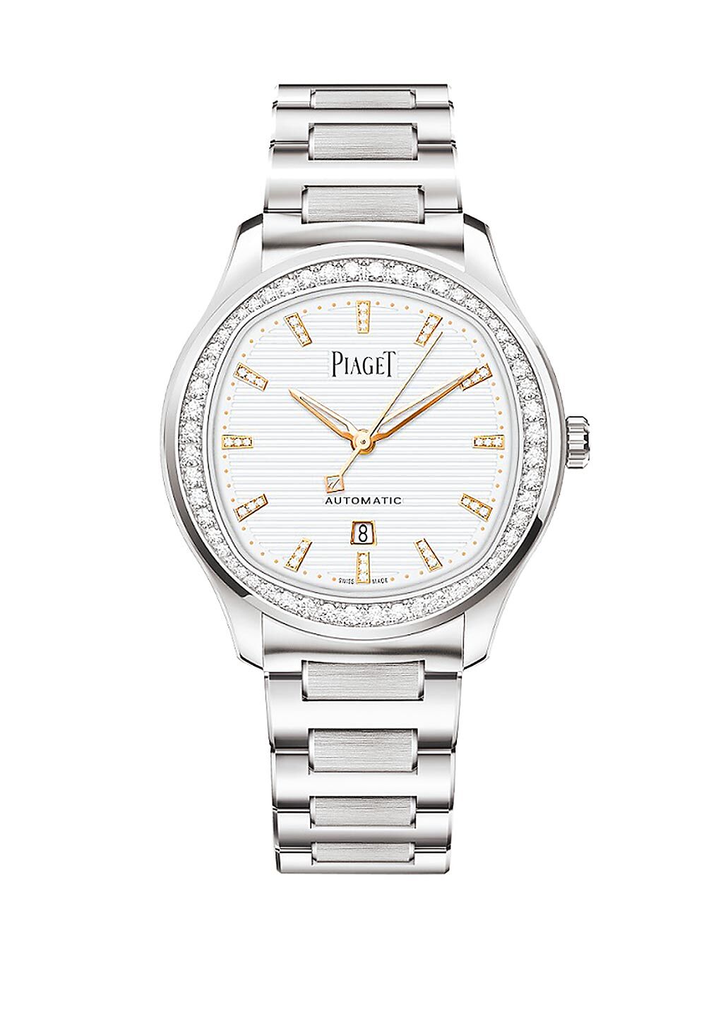 伯爵Polo系列月白色日期顯示精鋼鑽石腕表，62萬元。（PIAGET提供）