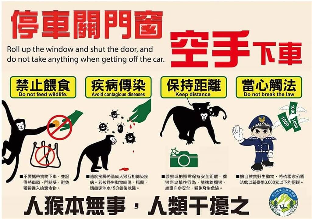 玉管處呼籲遊客食物不露白，也別拿塑膠袋下車，以免遭獼猴襲擊。(圖／玉管處提供／吳建輝翻攝)