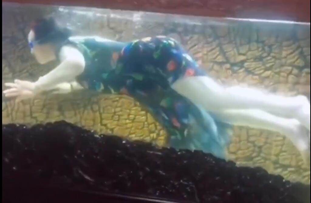 大陸一名女子分享媽媽在自家魚缸裡「沉浸式撈魚」的影片。（翻攝微博長沙政法頻道）