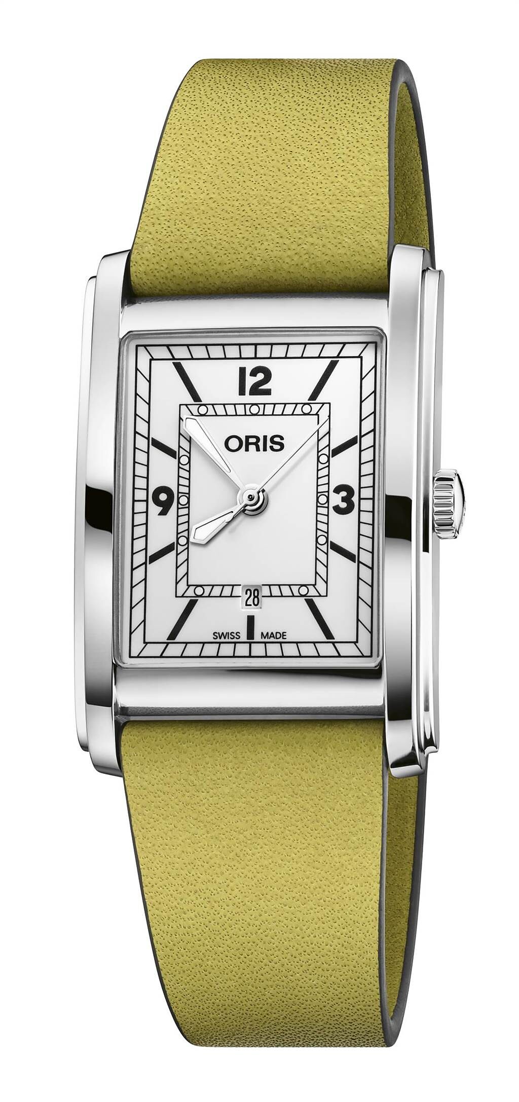 ORIS Rectangular白色表盤方形腕表，鮮黃色皮表帶，5萬5000元。（ORIS提供）