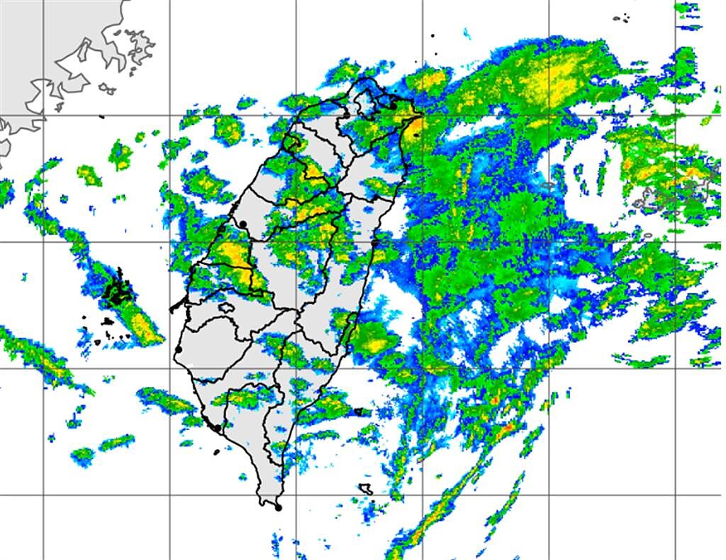 今受水氣移入影響，嘉義以北雨勢明顯，東部也有降雨機率。（中央氣象局提供）