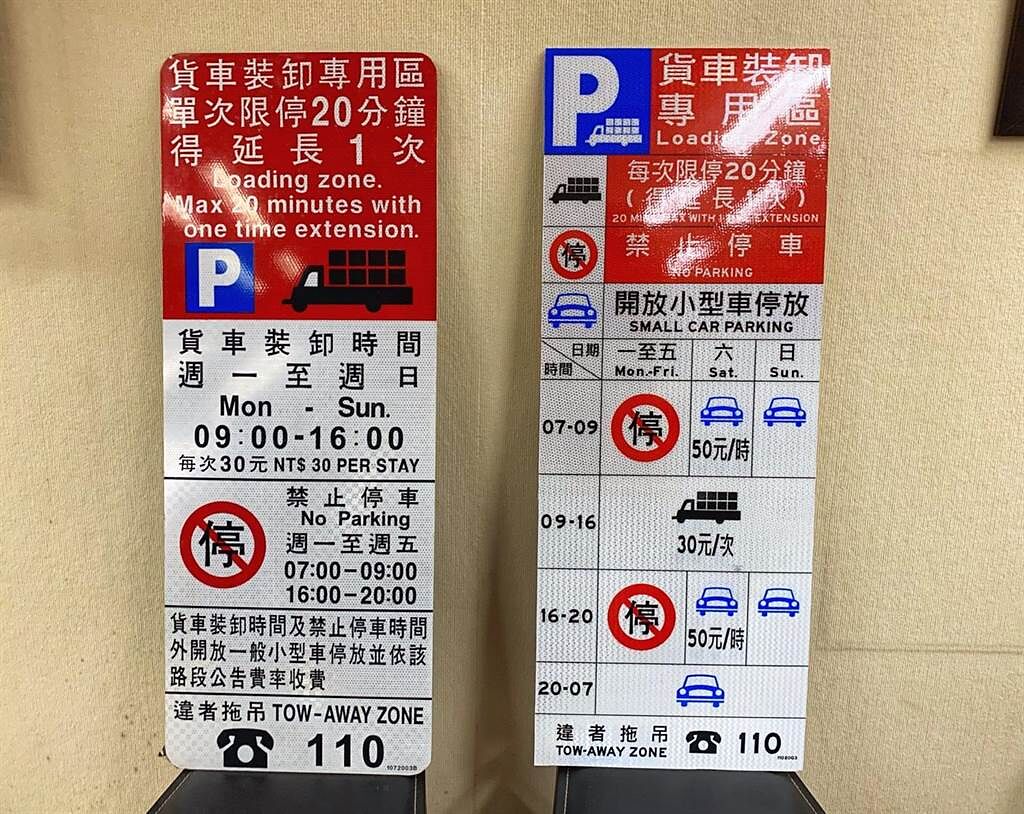 台北市路邊設有2000多處「貨車裝卸貨專用停車格」，但現行牌面（左）遭民眾抱怨標示不清，北市交通局因此設計新式牌面（右）。（黃婉婷攝）