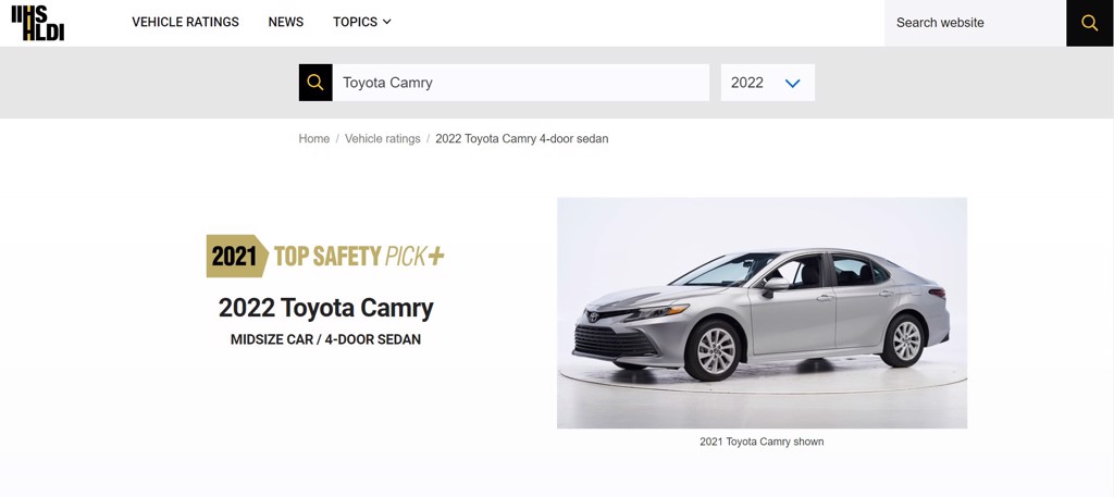 Toyota Camry獲選為美國IIHS安全測試中的「2021 Top Safety Pick+」推薦車款。（圖／翻攝自IIHS）