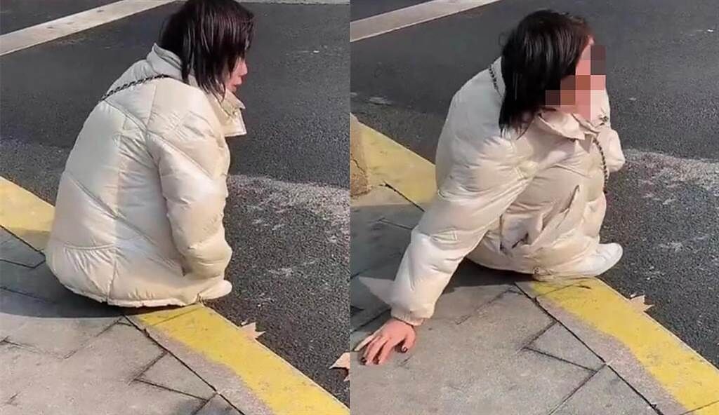 大陸一名女子酒醒後發現褲子不見了，蹲在路邊崩潰大哭。(圖/翻攝自微博)
