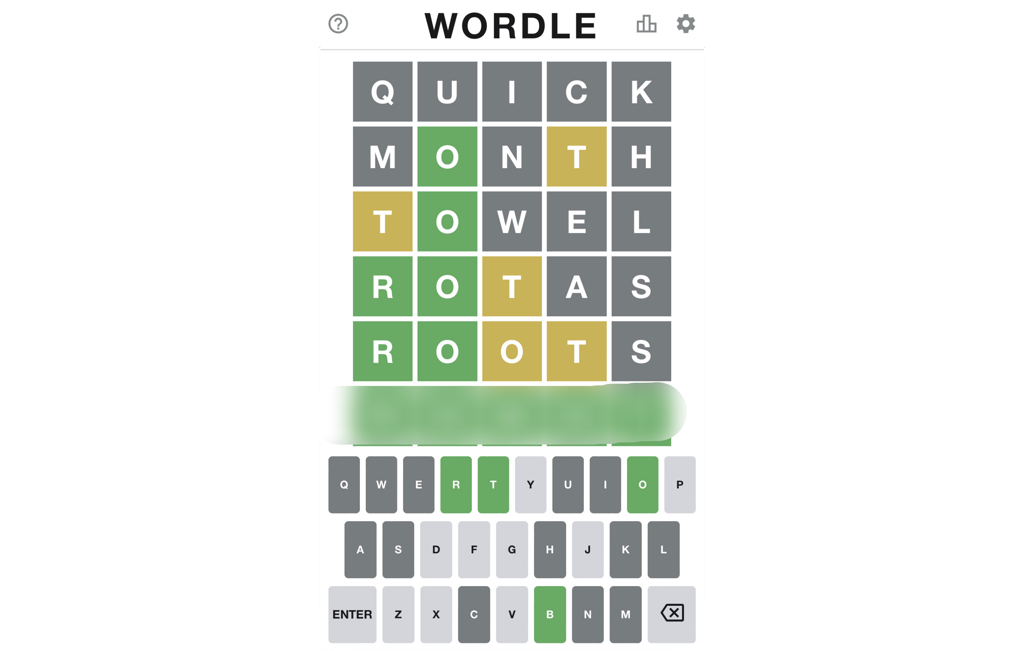 和過去常見的猜字遊戲一樣，「Wordle」具有「A、B」的答案提示功能，當玩家輸入的字母為答案中包含且位置正確時，就會出現綠色燈號；若字母正確但位置錯誤為黃色燈號；字母為答案不含者則顯示灰色燈號。（圖／翻攝自Wordle）