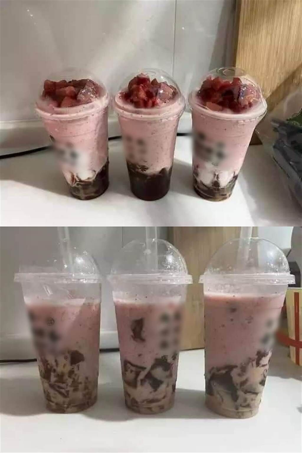 男網友急中生智買回3杯有草莓果肉的飲料（上圖），結果女友把草莓吃完後，要求他把剩下的飲料全數喝光（下圖）。（翻攝臉書社團《爆怨2公社》）