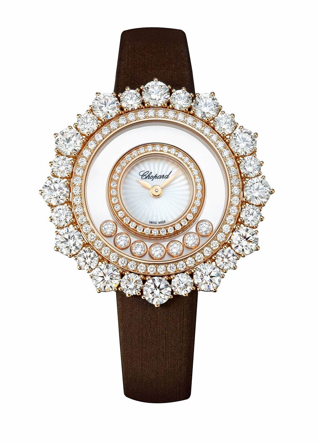 蕭邦Happy Diamonds腕表，18K玫瑰金鑲嵌24顆鑽石與7顆滑動鑽石，珍珠母貝面盤。176萬元。（CHOPARD提供）