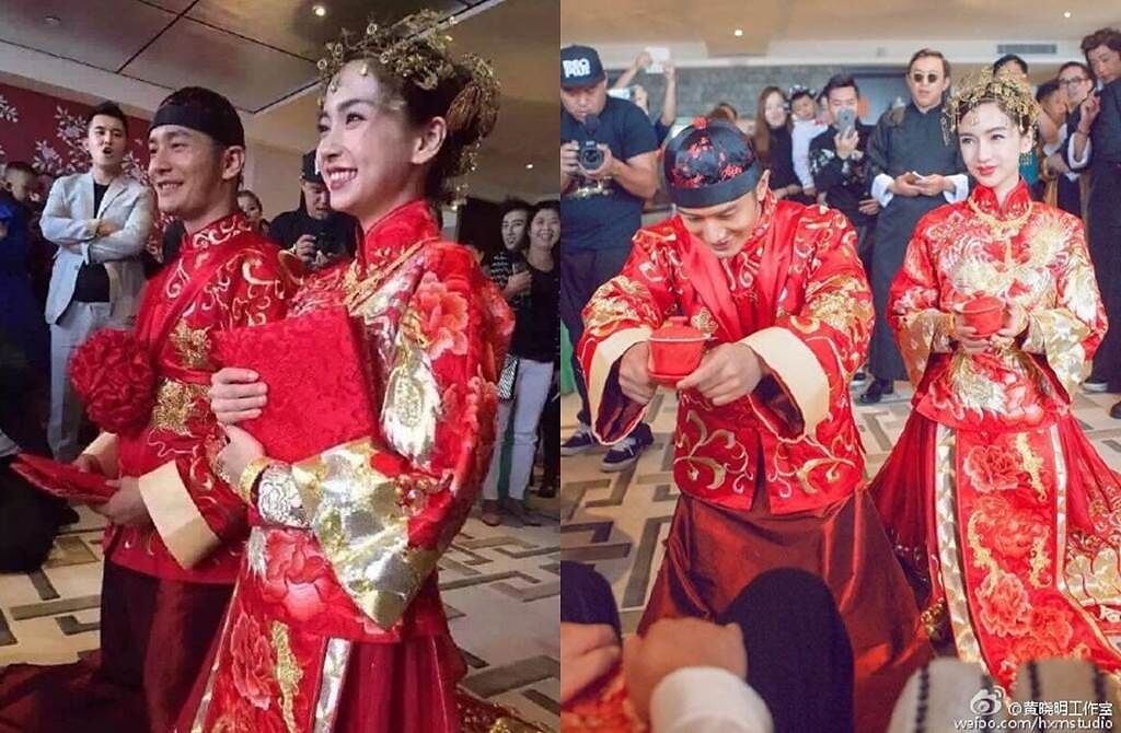黃曉明和Baby先穿上中式禮服舉行迎娶儀式。（圖／翻攝自黃曉明工作室微博）