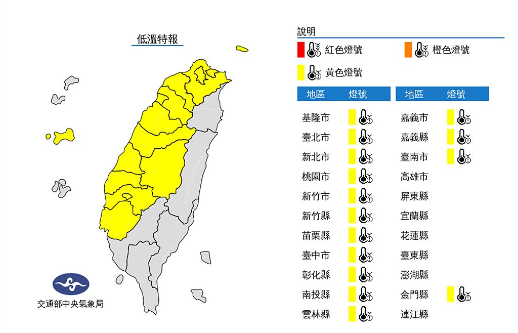 氣象局針對台南以北15縣市發布低溫特報，今晚至明晨恐出現10度以下低溫。(圖／中央氣象局)