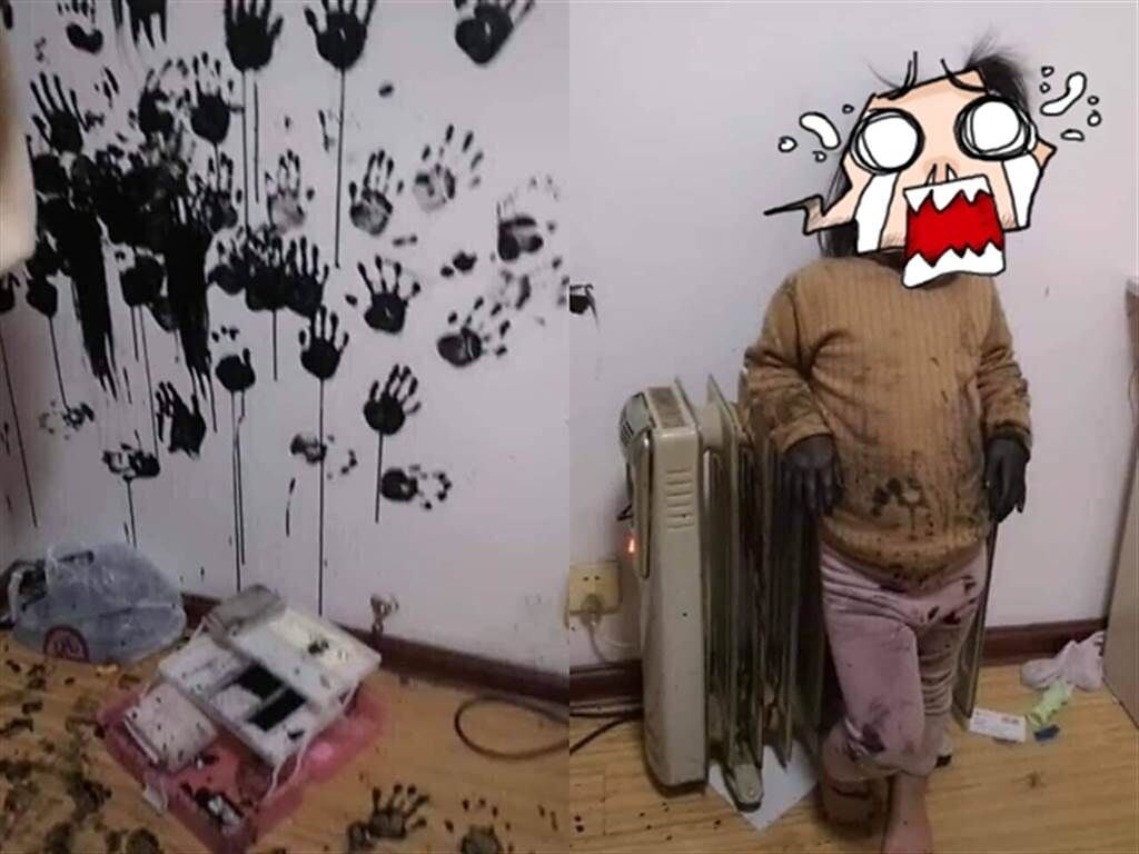 1名網友分享女兒用「黑手印」為牆壁留下的「傑作」，只見牆上密密麻麻的墨汁手印，女兒臉上、雙手也全是墨汁，事後女兒還相當酷跩地站在一旁。（翻攝自臉書「爆廢公社公開版」）