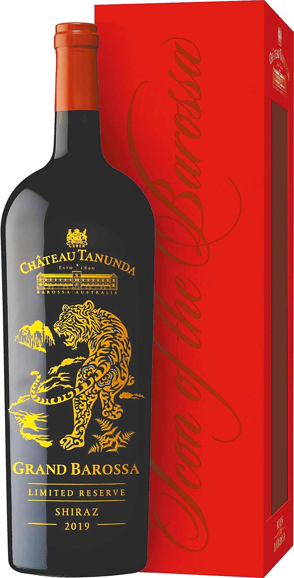 虎年塔努達城堡酒莊特選2019希哈紅葡萄酒，並推出金虎造型瓶身，相當精緻。（打貓酒廠提供）飲酒過量 有害健康
