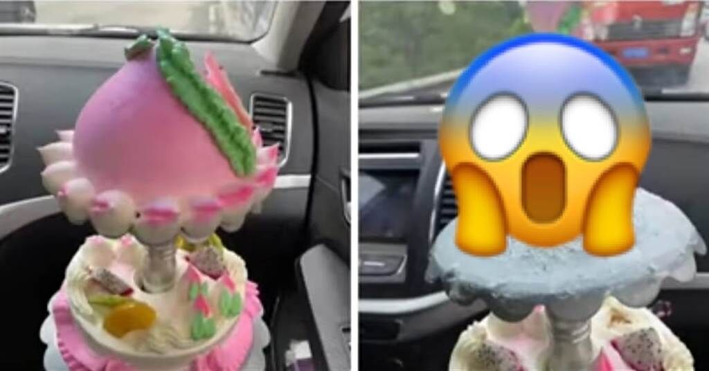 有網友分享一張壽桃蛋糕噴飛的慘照，引起網友熱議。（翻攝臉書社團《爆廢公社二館》）