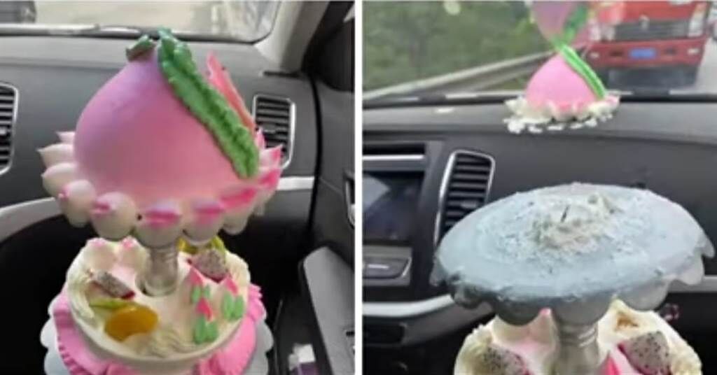 有網友分享，壽桃蛋糕遇上汽車急煞，整顆向前砸在儀表表上。（翻攝臉書社團《爆廢公社二館》）