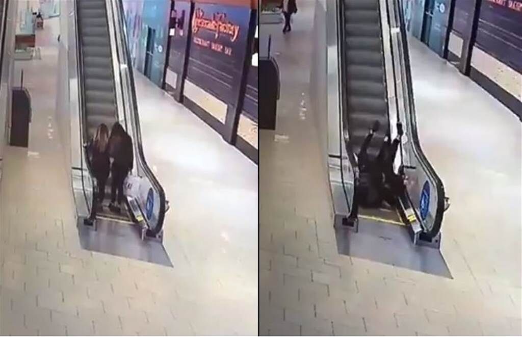 2女搭手扶梯腳滑原地翻滾25秒成人肉風火輪，畫面讓網友笑翻：購物袋都上去了(圖/翻攝自海客新聞)
