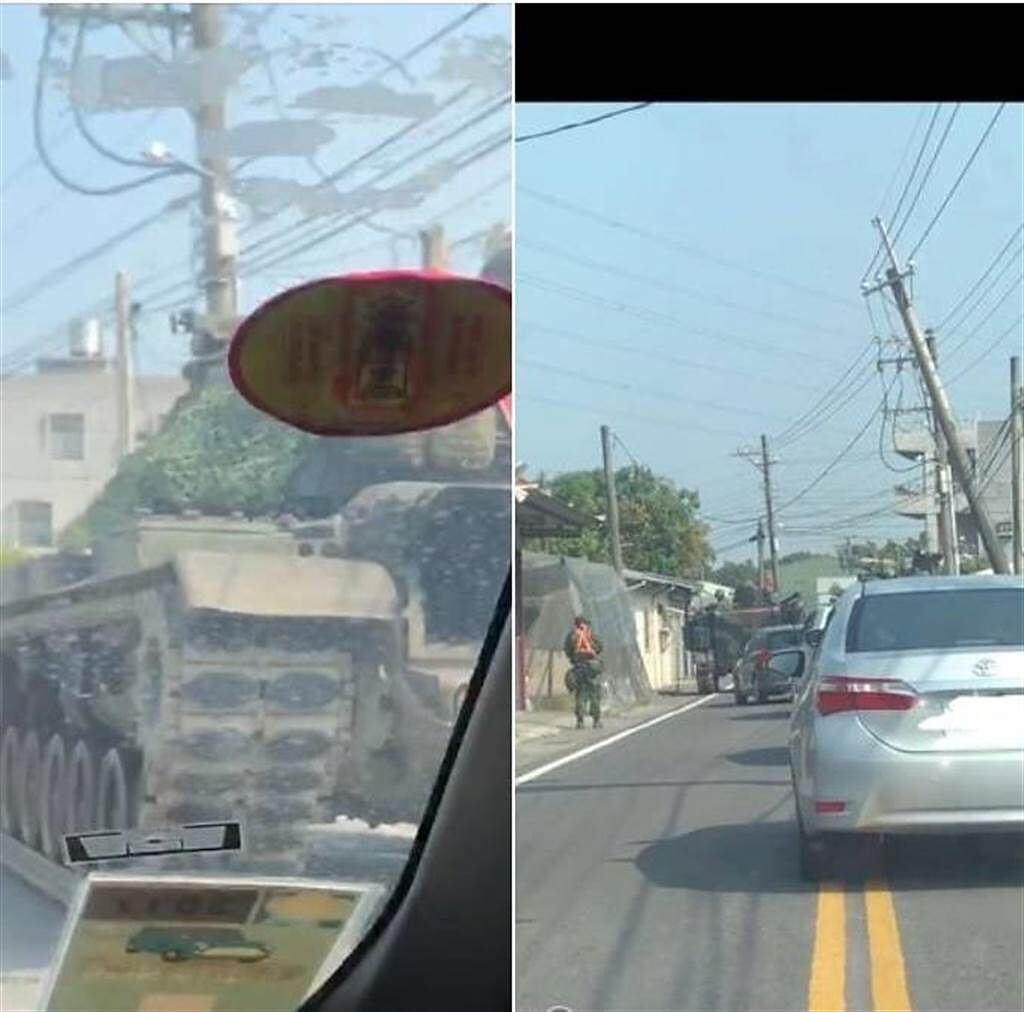 一部戰車6日上午撞歪高雄市阿蓮區一支電線桿，網友擔心因此停電。（摘自爆料公社網頁／林瑞益高雄傳真）