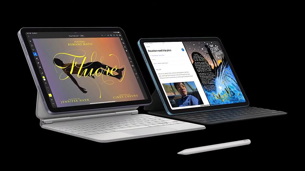 全新的iPad Air支援使用第2代Apple Pencil，及巧控鍵盤或鍵盤式聰穎雙面夾。（翻攝直播畫面）