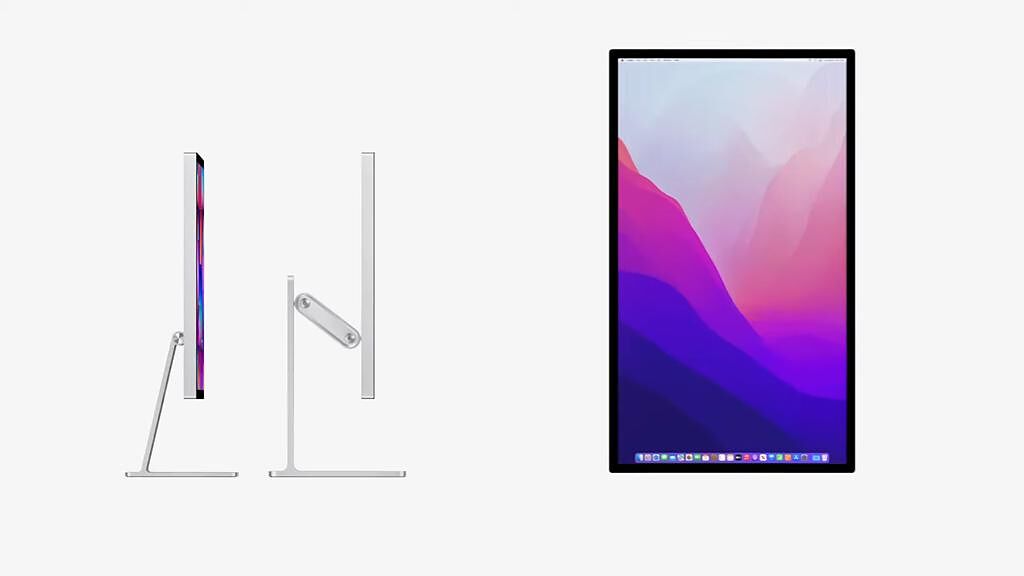 蘋果全新的Studio Display內建支架讓使用者能夠將顯示器傾斜達30度，或能搭配可調整斜度與高度的支架，以及VESA吊架連接器方便轉橫、直向使用。（翻攝直播畫面）