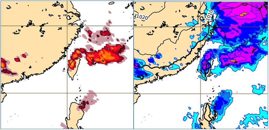 最新歐洲(ECMWF)模式模擬，周五(18日2時)閃電頻率(前6小時)圖顯示，明(17日)晚、周五(18日)晨中部以北局部地區有「春雷」機率(左圖)；同時降雨量模擬圖顯示，明晚、周五晨有較大雨勢發生(右圖)。(翻攝自 「三立準氣象· 老大洩天機」)

