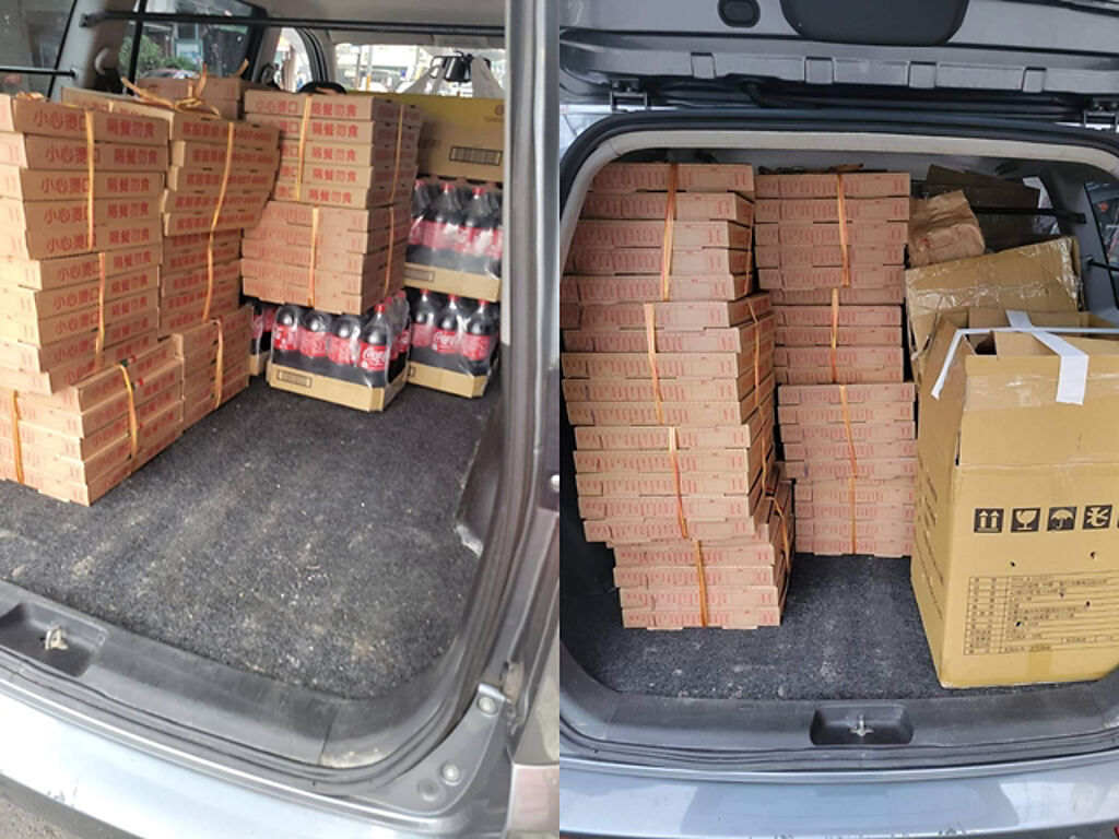 1名外送員日前接到1筆誇張訂單，竟是總金額高達4萬的披薩，一盒盒披薩被放進小貨車內，該外送員笑說「直接頂到天花板」。（翻攝自臉書「外送員的奇聞怪事」）