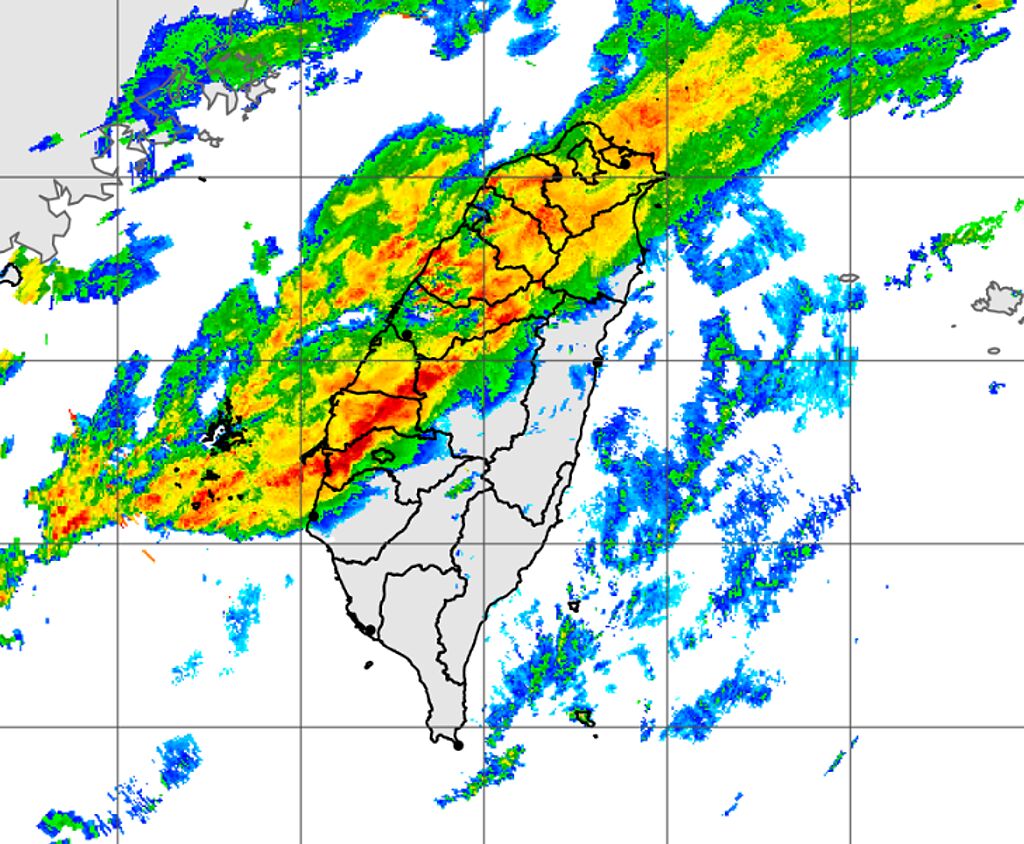鋒面徘徊台灣地區，全台11縣市發大雨特報。（中央氣象局提供）