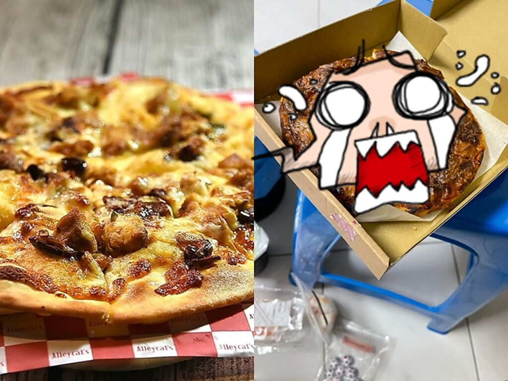 網友用外送點了個人獨享的披薩，但送來時卻驚見整片披薩幾乎全烤焦，上頭佈滿深咖啡色，讓他痛批「這三X」。（翻攝自臉書「外送員的奇聞怪事」）