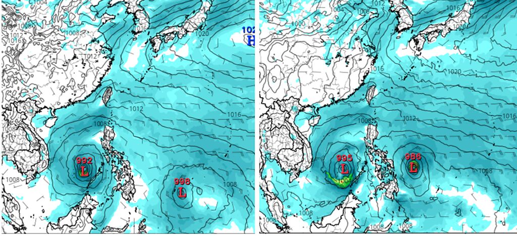 最新(2日20時)歐洲(左圖)及美國(右圖)模式，模擬9日20時地面圖顯示，南海及菲律賓東方海域各有熱帶擾動活動，但模擬的位置、強度皆有差異。(圖擷自Tropical tidbits)

